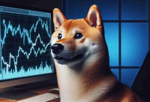 Create a high definition, realistic image of a Shiba Inu dog looking intently at a computer screen showing fluctuating market graphs, symbolizing a decisive moment in market trading.