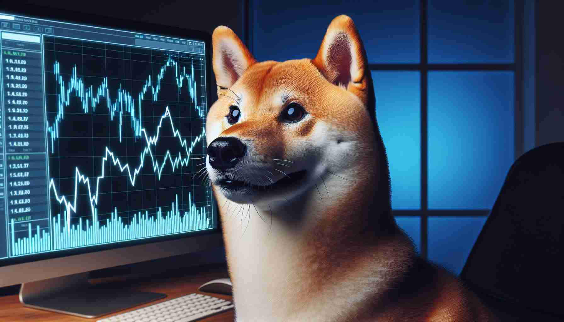 Create a high definition, realistic image of a Shiba Inu dog looking intently at a computer screen showing fluctuating market graphs, symbolizing a decisive moment in market trading.