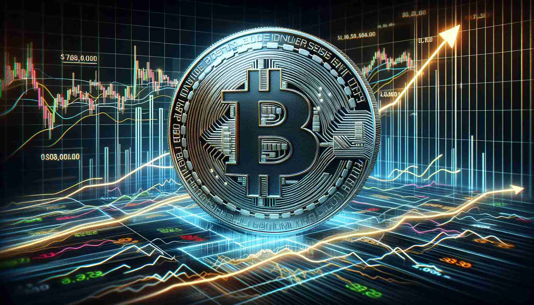 Produce a realistic high-definition image of a large, shiny, virtual Bitcoin coin, superimposed on a background of tumultuous line graph indicating significant price movements. The graph should be filled with lines of various colors, symbolizing rapidly changing values. Add multiple arrows pointing in different directions to magnify the sense of market uncertainty. Please don't include any real person or recognizable logo.