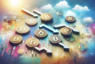 Create a realistic and high definition image of seven symbolic coins, each artistically representing a different cryptocurrency. They should be shown scattered and facing downwards, symbolizing a price drop, despite a hopeful backdrop imbued with light colors and positive elements such as upward trending arrows and encouraging signs to illustrate the optimistic proposals.