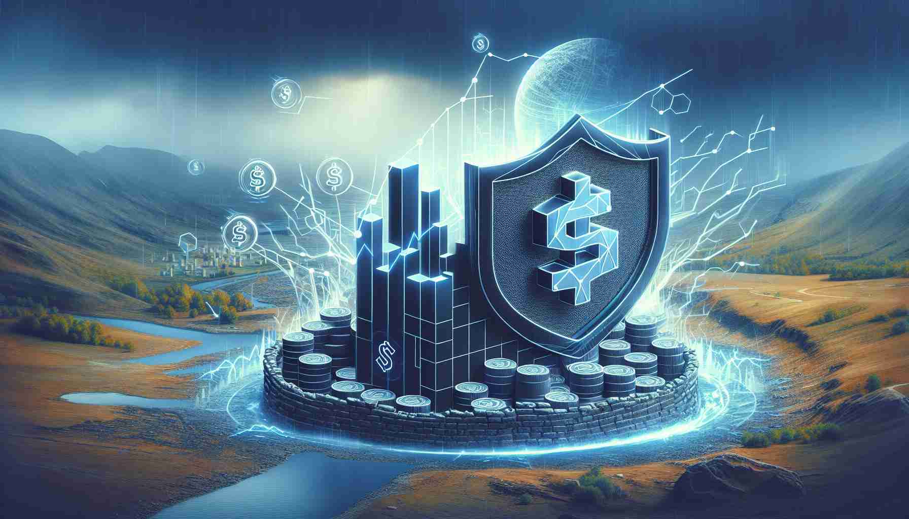 Generate a high-definition, realistic image of a symbolic representation of the altcoin Solana's market resilience. Depict it as a solid fortress or shield defending a position that represents key support amidst a stormy landscape that signifies market challenges. Use symbols and charts to convey the concepts related to cryptocurrency market dynamics.