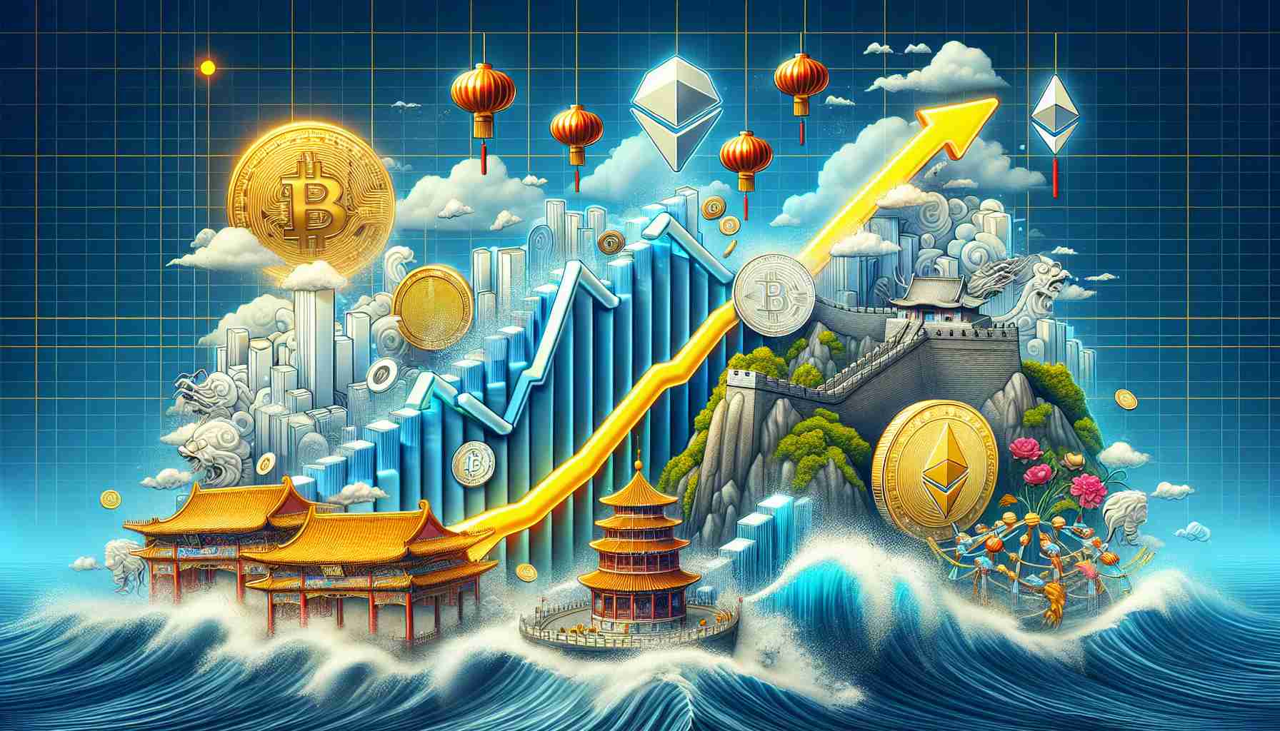 Visualize a high-definition, realistic digital representation of the surge in cryptocurrency use by Chinese drug precursor suppliers. The picture should include elements that symbolically represent China, such as the Great Wall or Chinese lanterns. In addition, illustrate the idea of a 'surge' with steep graph lines or a rising tide. A symbolic representation of cryptocurrencies such as Bitcoin and Ethereum should also be included, perhaps as physical coins or digital icons. These elements should be married together in a coherent and dynamic composition that communicates the sense of a robust market shift.