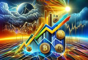 A High definition, realistic image representing the persistent optimism in the cryptocurrency market, despite price slumps. The image features a bright, colorful chart with various lines and curves showing potential progression paths of cryptocurrencies. The chart contrasts with a background of stormy weather, symbolizing the price slumps. Also add a symbolic representation of 'optimism' like a silver lining in the storm clouds or a sunrise.