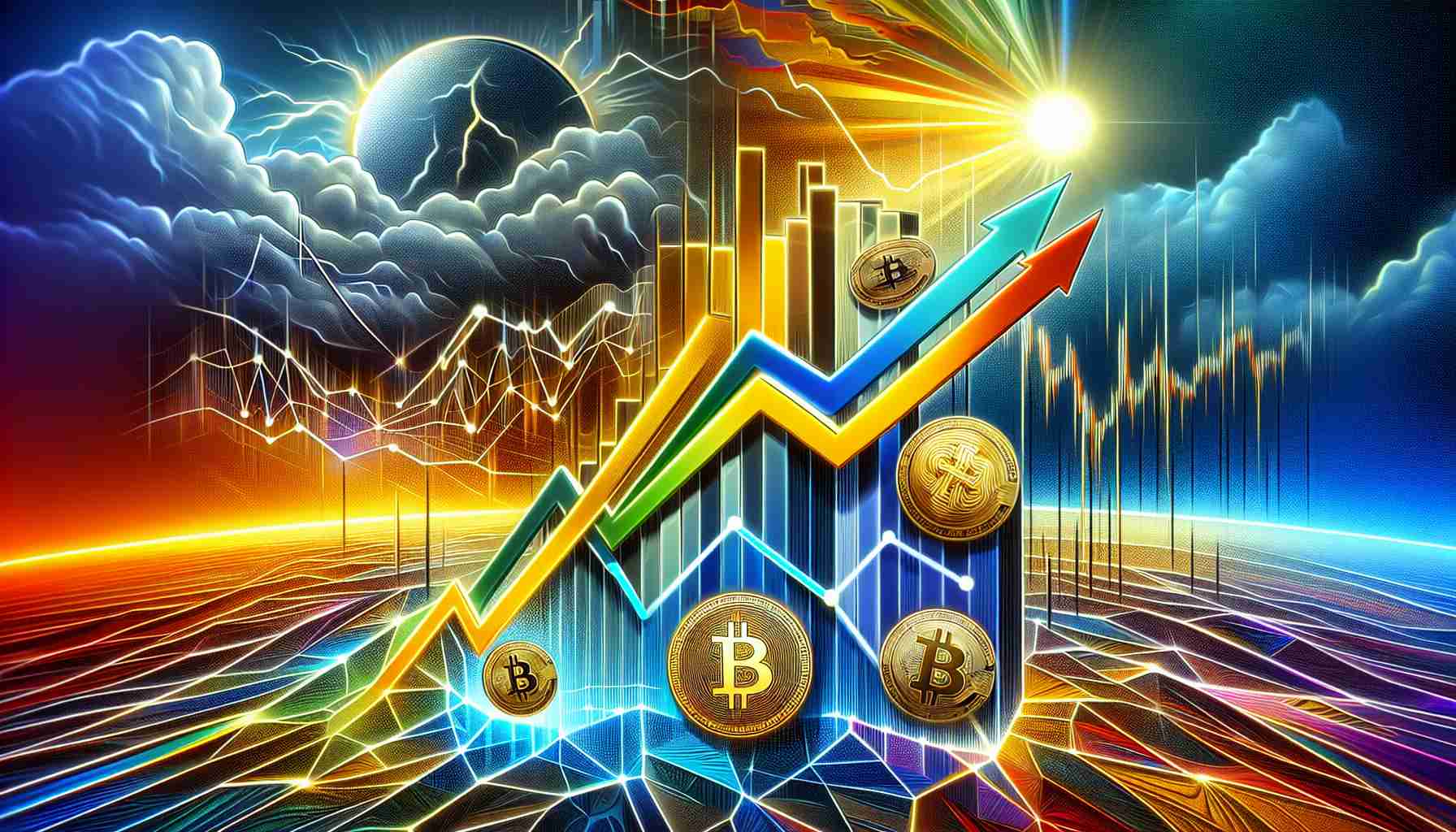 A High definition, realistic image representing the persistent optimism in the cryptocurrency market, despite price slumps. The image features a bright, colorful chart with various lines and curves showing potential progression paths of cryptocurrencies. The chart contrasts with a background of stormy weather, symbolizing the price slumps. Also add a symbolic representation of 'optimism' like a silver lining in the storm clouds or a sunrise.