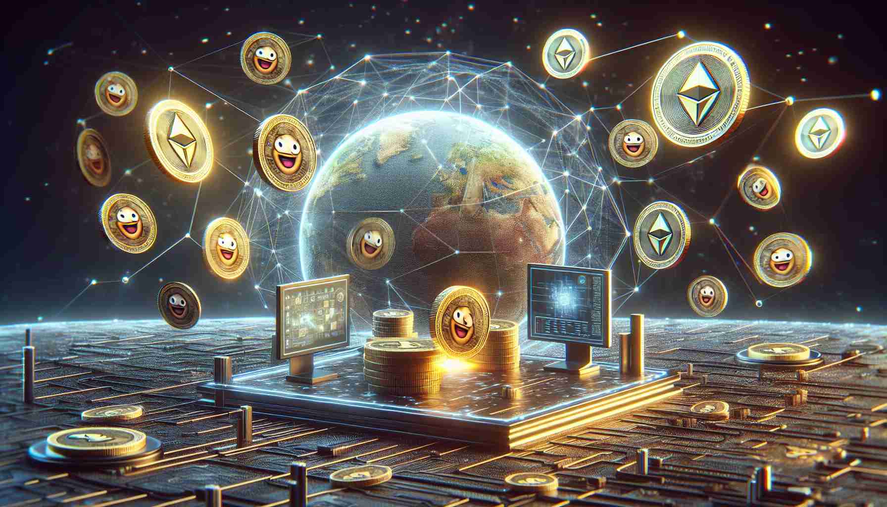 High definition, realistic image depicting the innovative approach of a blockchain technology similar to Solana, that aims to enhance the accessibility of meme-inspired digital currencies. The scene should include symbolic representations like a state-of-the-art digital interface or platform, coins with generic meme designs flying into it. The overall tone should be visionary and technologically advanced.