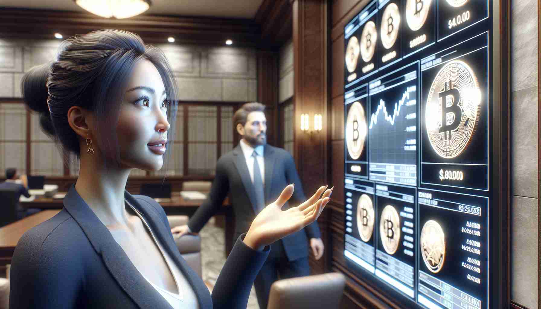 A highly detailed and realistic scene in a financial setting. An Asian female investor is in a bank, evaluating the performance of several cryptocurrency offerings on a large digital display screen. Her facial expression shows a mixture of satisfaction and concern, conveying mixed results. A Caucasian male banker is nearby, attentive to the investor's reactions, looking at the same display screen. The image captures the tension and anticipation in the room, as well as the complexities of navigating the world of digital currencies.