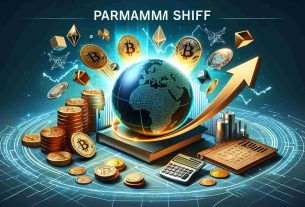 A high-definition, realistic picture showing the paradigm shift in the field of cryptocurrency. This can include visual metaphors such as a blockchain transforming into various real-world assets or commodities. A 3D globe might be present, hinting at the global impact of this shift. Bit coins, a ledger book, and graphic arrows showing growth, can be included to represent the comprehensive essence of the crypto market.