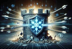 Generate a high-definition, realistic image representing the concept of the cryptocurrency Cardano successfully resisting a Distributed Denial of Service (DDoS) attack. The picture should evoke a sense of resilience and strength, possibly displaying a symbolic fortress or shield signifying Cardano's security measures, with a barrage of arrows or attacks being thrown at it, but failing to cause damage. Also include visual elements related to digital technology and finance.