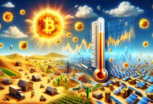 An illustrative HD image representing the concept of summer heat posing a challenge to Bitcoin hashrate elevation. The scene should incorporate visible elements of high summer temperatures such as a sun beating down, a thermometer indicating high heat levels, or a landscape wilting under the hot weather. The other part of the image should symbolize Bitcoin hashrate elevation, perhaps by depicting numerous Bitcoin miners working hard, some large, complex digital mining rigs in operation, and some graph imagery to display growing hashrate numbers. The entirety should suggest a sense of tension between the two elements.