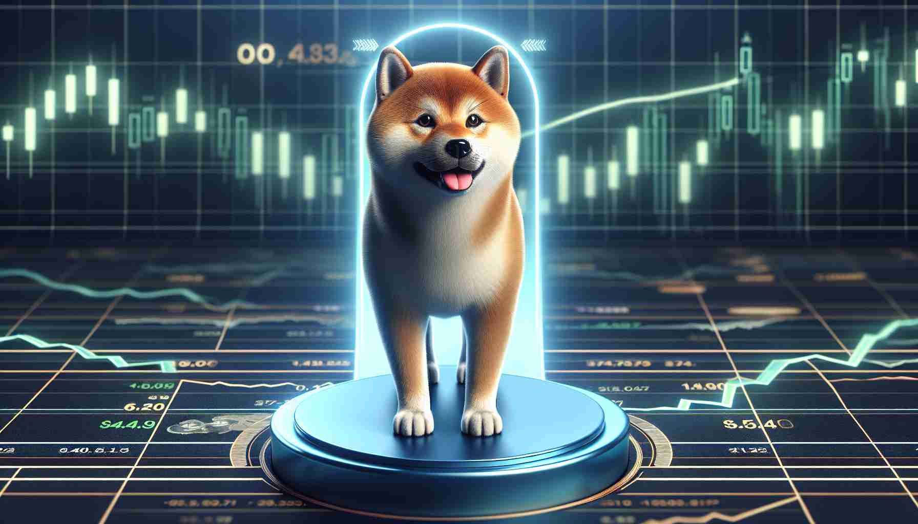 An HD, realistic representation of the Shiba Inu dog breed, with a thoughtful and determined expression. It's standing on a symbolic threshold, implying an important decision or turning point. In the background, you can see graphical representations of the financial market, with a clear indication of a pivotal moment, such as a large support line or trendline.