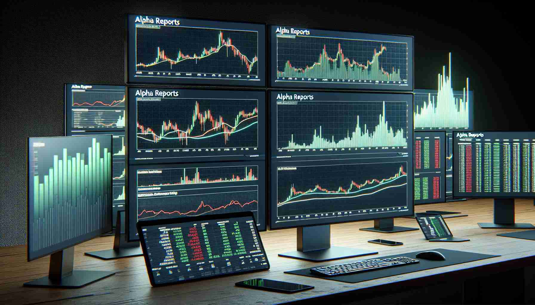 A realistic high-definition image of an array of computer monitors showcasing Alpha Reports, which is tracking the diminishing Bitcoin bull run. The monitors display multiple line graphs, trends, and significant data numbers demonstrating the declining performance of Bitcoin. A few charts are colored in shades of green and red to represent increases and decreases respectively, and all of this is shown against a backdrop of a sleek, modern technology setup.