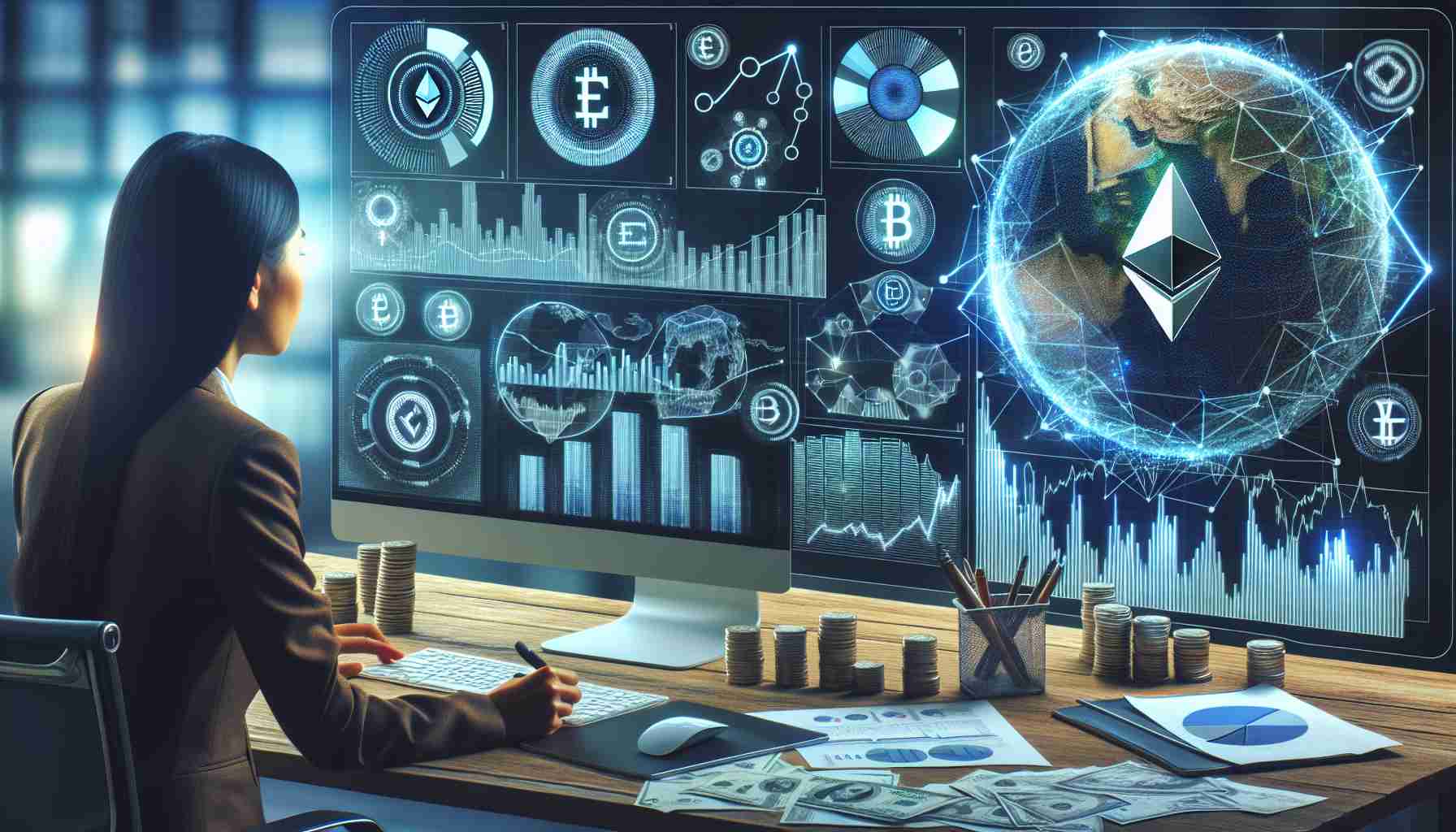 Generate an HD quality, realistic image that captures the concept of exploring investment strategies in cryptocurrency, specifically focusing on Ethereum. Consider including a variety of visual representations such as bar and pie charts, line graphs, symbols for Ethereum (do not depict any real currency), and perhaps an individual, an Asian female, analyzing the data. The environment should be a professional setting suggesting an analytical or financial workspace.