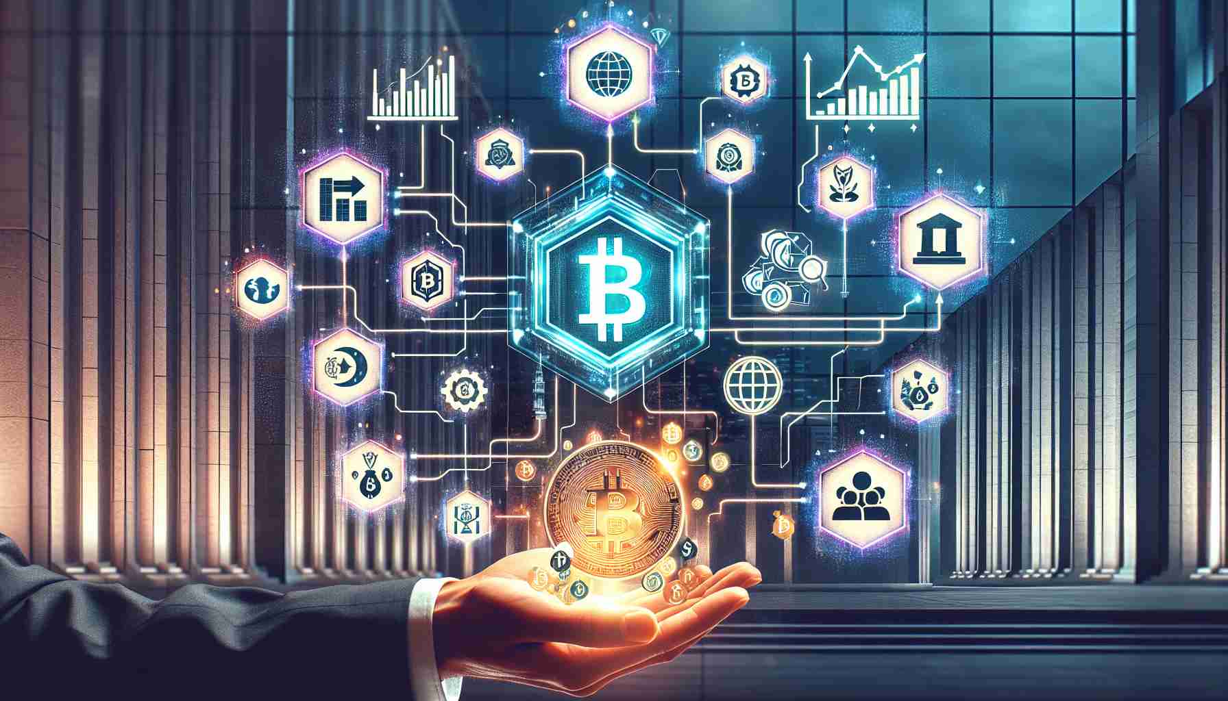 Create a realistic HD image of a conceptual representation of institutional crypto adoption. The image should highlight key themes such as the digitalization of financial markets, the increasing role of cryptocurrencies and blockchain technology in the sector. The picture could include symbols or icons that represent these ideas, such as digital tokens, graphs, high-tech devices, and possible growth vectors. Please do not include any identifiable people or specific companies.