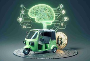 Create a realistic, high-definition image representing the future of green technology; this image should feature an eTukTuk, which is a type of electric three-wheeled vehicle similar in appearance to traditional motorized rickshaws. In the background, subtly incorporate symbols associated with artificial intelligence and cryptocurrency, such as a stylized brain made from circuits and a coin with binary code, to represent their synergy with this eco-friendly mode of transport.