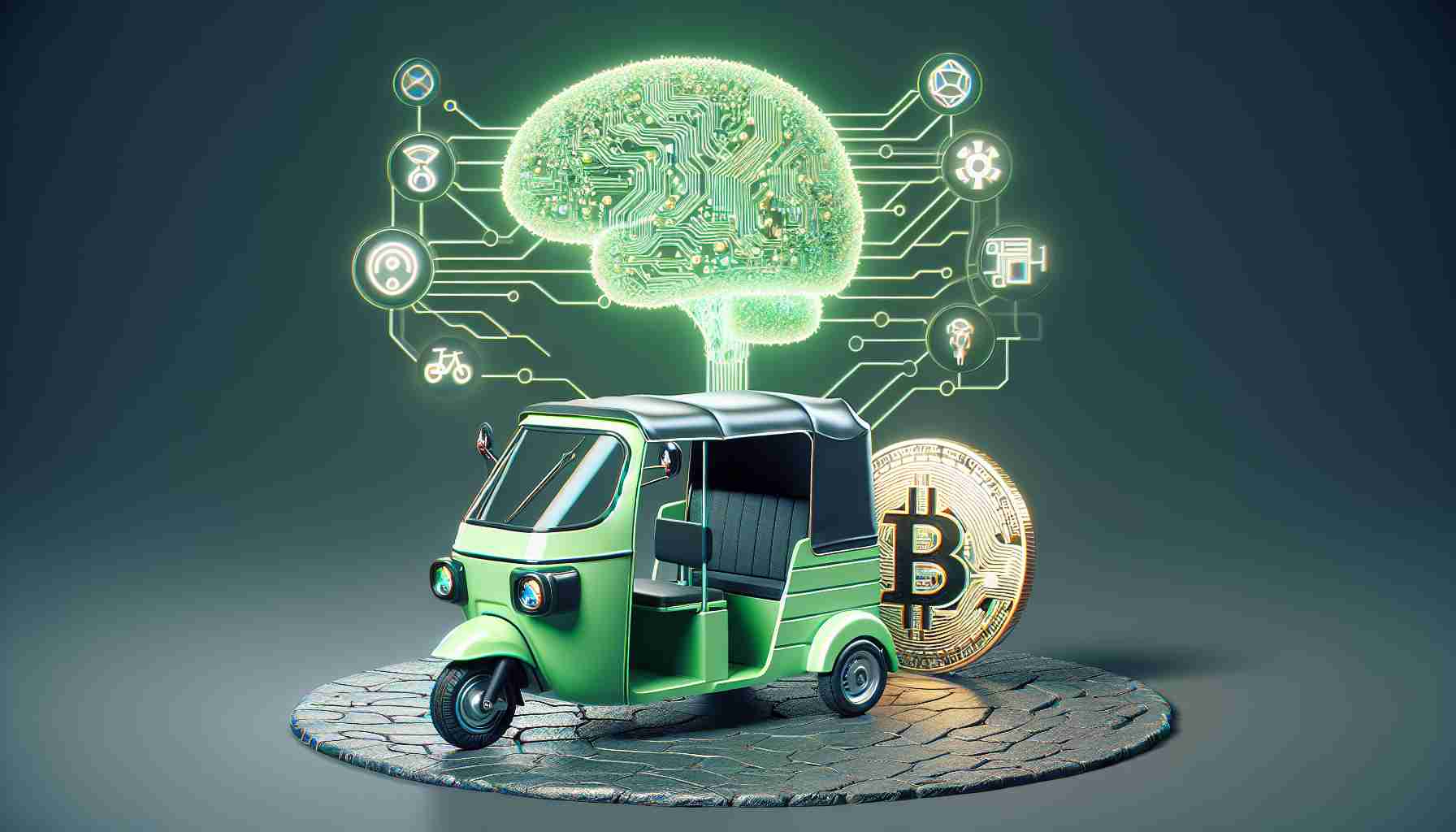 Create a realistic, high-definition image representing the future of green technology; this image should feature an eTukTuk, which is a type of electric three-wheeled vehicle similar in appearance to traditional motorized rickshaws. In the background, subtly incorporate symbols associated with artificial intelligence and cryptocurrency, such as a stylized brain made from circuits and a coin with binary code, to represent their synergy with this eco-friendly mode of transport.