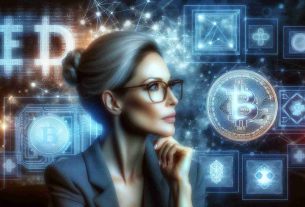 An HD image which illustrates the concept of digital currency evolution and advancement. The central figure representing this concept is a woman who is distinguished, intelligent, and influential. She has light hair and glasses. Around her, computer screens and digital graphics display symbols and data related to digital currencies, blockchains and modern economy. She's studying these elements, pondering over their intricacies, demonstrating the process of pioneering the world of digital finance.