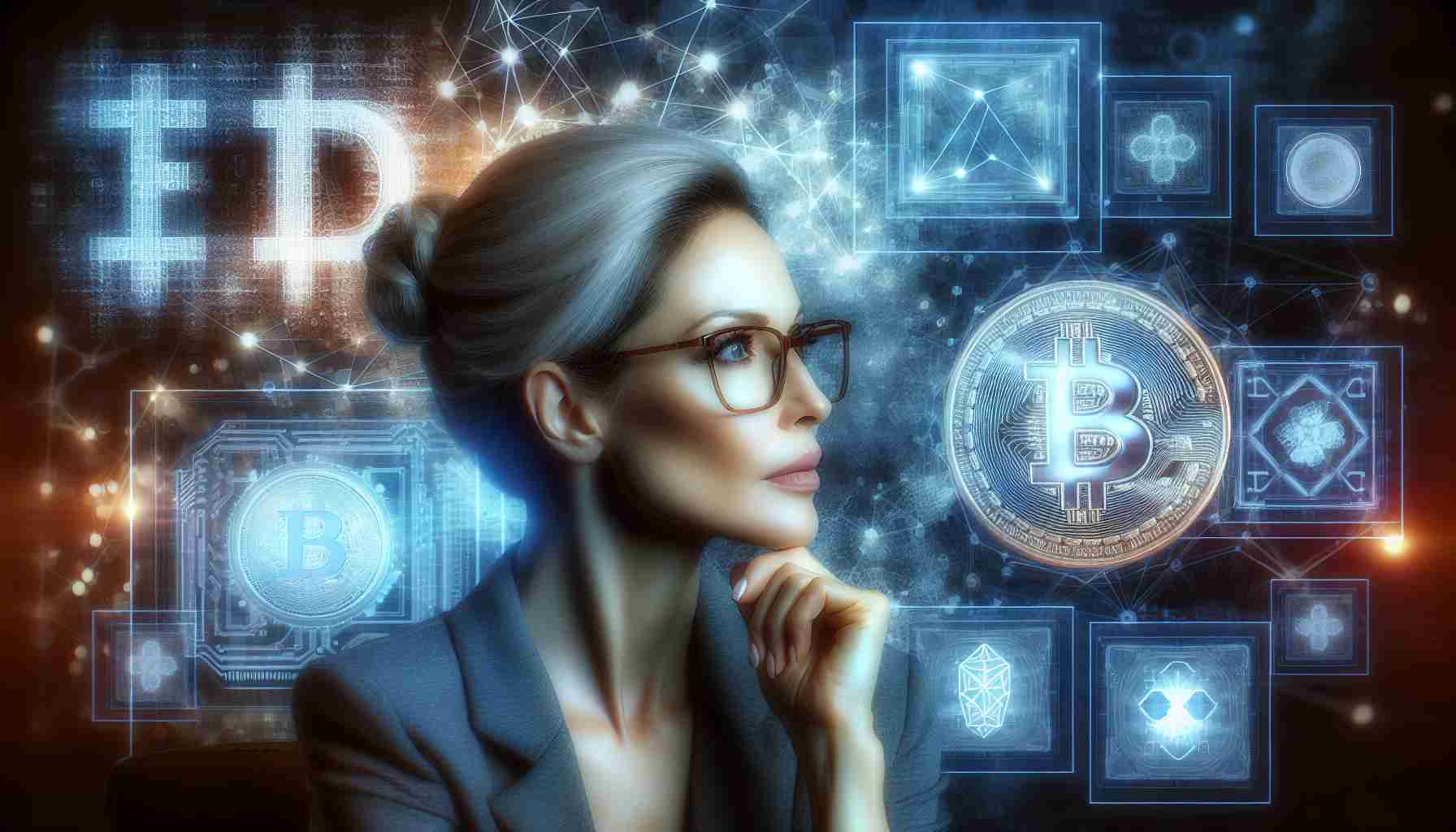 An HD image which illustrates the concept of digital currency evolution and advancement. The central figure representing this concept is a woman who is distinguished, intelligent, and influential. She has light hair and glasses. Around her, computer screens and digital graphics display symbols and data related to digital currencies, blockchains and modern economy. She's studying these elements, pondering over their intricacies, demonstrating the process of pioneering the world of digital finance.