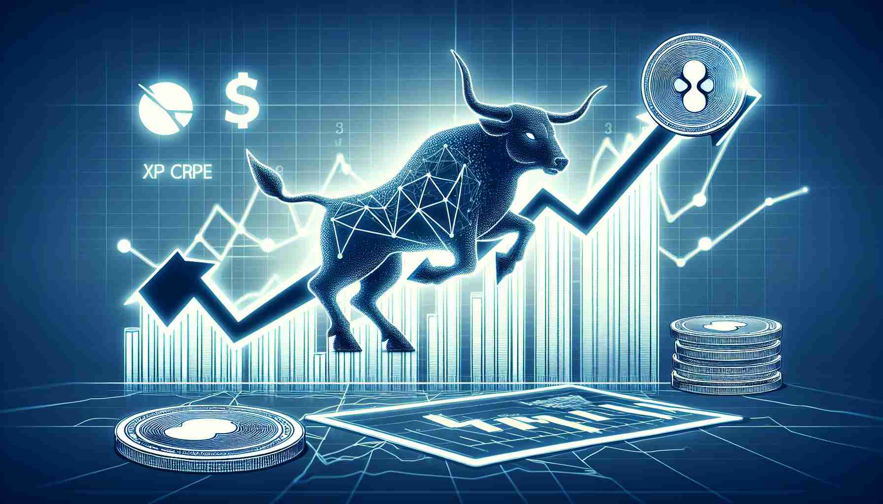 Create an image depicting the concept of a potential surge in XRP cryptocurrency. Illustrate this as a graph showing a steep upward trend to represent monumental growth. Accompany it with relevant financial symbols and elements, such as a bull to symbolize a bullish market. Make it in high definition, ensuring all details are clear and edge lines are crisp.