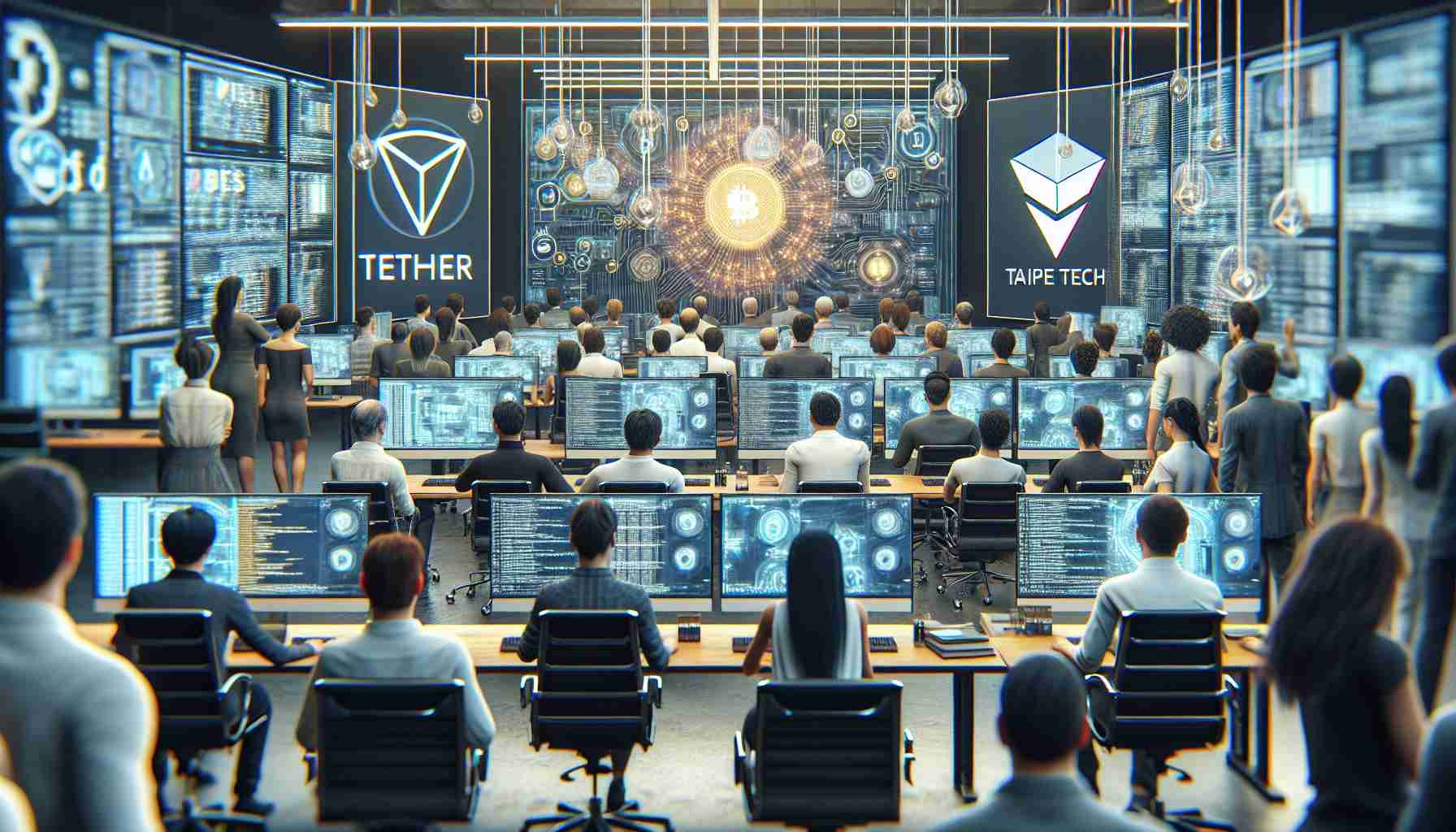 An HD photo realistically depicting the launching of a Blockchain Education Initiative. The picture shows a group of individuals in a room filled with high-tech equipment. Multiple screens display codes and symbols related to blockchain technology. Logos of Tether and Taipei Tech, two major players in this initiative, are prominently displayed on banners and screens. The room buzzes with the energy of collaboration and pioneering research. Participants of different descents such as Caucasian, Middle-Eastern, South Asian, and Hispanic, and all genders are working together in this initiative.