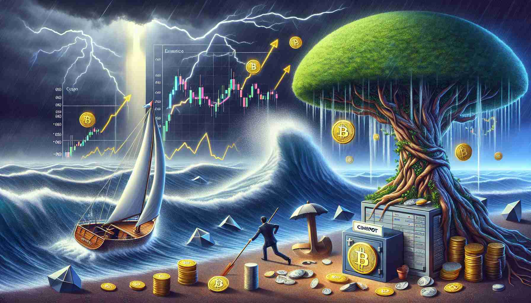 A portrayal of a metaphorical scene depicting the concept of 'Weathering a Crypto Storm'. In the foreground, construct a tangible representation of the cryptocurrency market, indicated by charts, figures, and crypto symbols caught in a powerful storm. Simultaneously, a resilient corporate entity, metaphorically visualized as a sailboat named 'CoinSpot', adeptly navigates through the tempest, remaining undamaged. Accompany this with a large safe in the background, brimming with coins, referencing the substantial profit. Above the scene, a richly verdant tree stretching branches over the entity and storm, symbolizing the generous dividends.