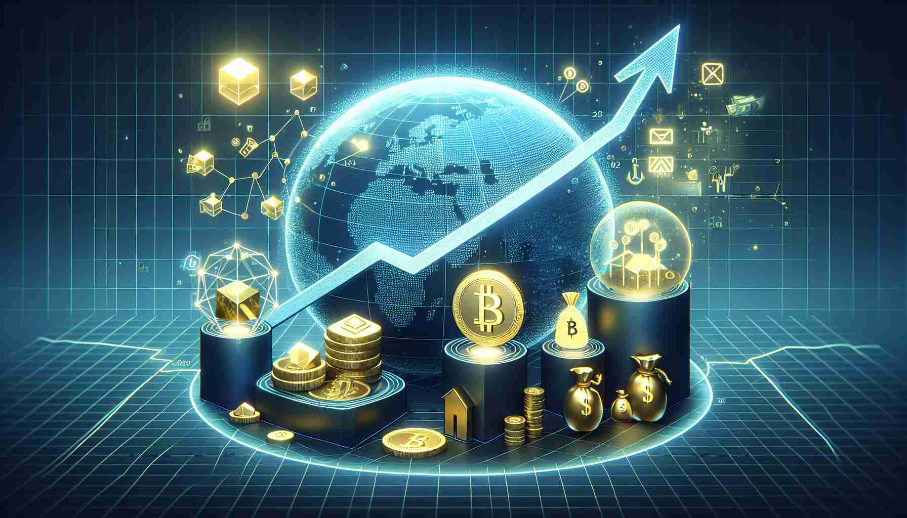 An illustrated visualization showcasing a forecasted surge in the market of Tokenized Real-World Assets for the year 2030. The image represents a robust economy with symbols of real-world assets such as property, gold, and art pieces being transferred into digital tokens. The background represents a time evolution graph from 2020 to 2030, with a drastic rise indicating the surge around the year 2030.