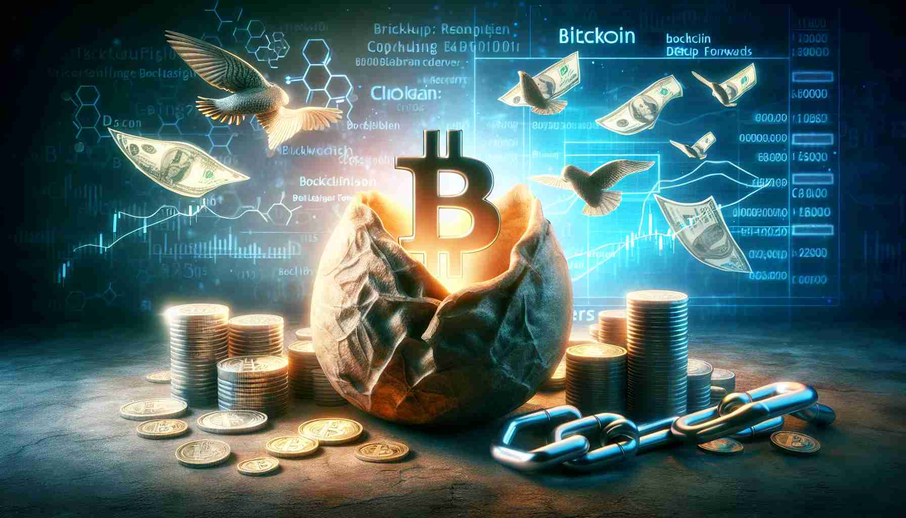 Create a high definition, realistic image that represents the concept of 'The Emergence of Brollups: Bitcoin's DeFi Leap Forward'. This scene could visualize the Bitcoin symbol emerging from a cocoon, surrounded by symbols of finance such as banks and money. This could symbolize the 'DeFi leap forward'. In the foreground, blockchain or coding elements could further indicate the technological aspects. The overall atmosphere should be one of progress and innovation.