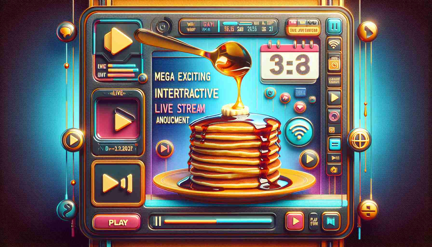 A high-definition image representing an Interactive Live Stream Event announcement. The frame includes a prominent headline text stating 'Mega Exciting Interactive Live Stream Event Announcement', next to an image of a stack of savory pancakes being drizzled with syrup. The background is adorned with related symbols, like play buttons, Wi-Fi symbols, and a calendar highlighting the event's date. Colors used are vibrant, catching the viewer's attention and intensifying the anticipation for the event.