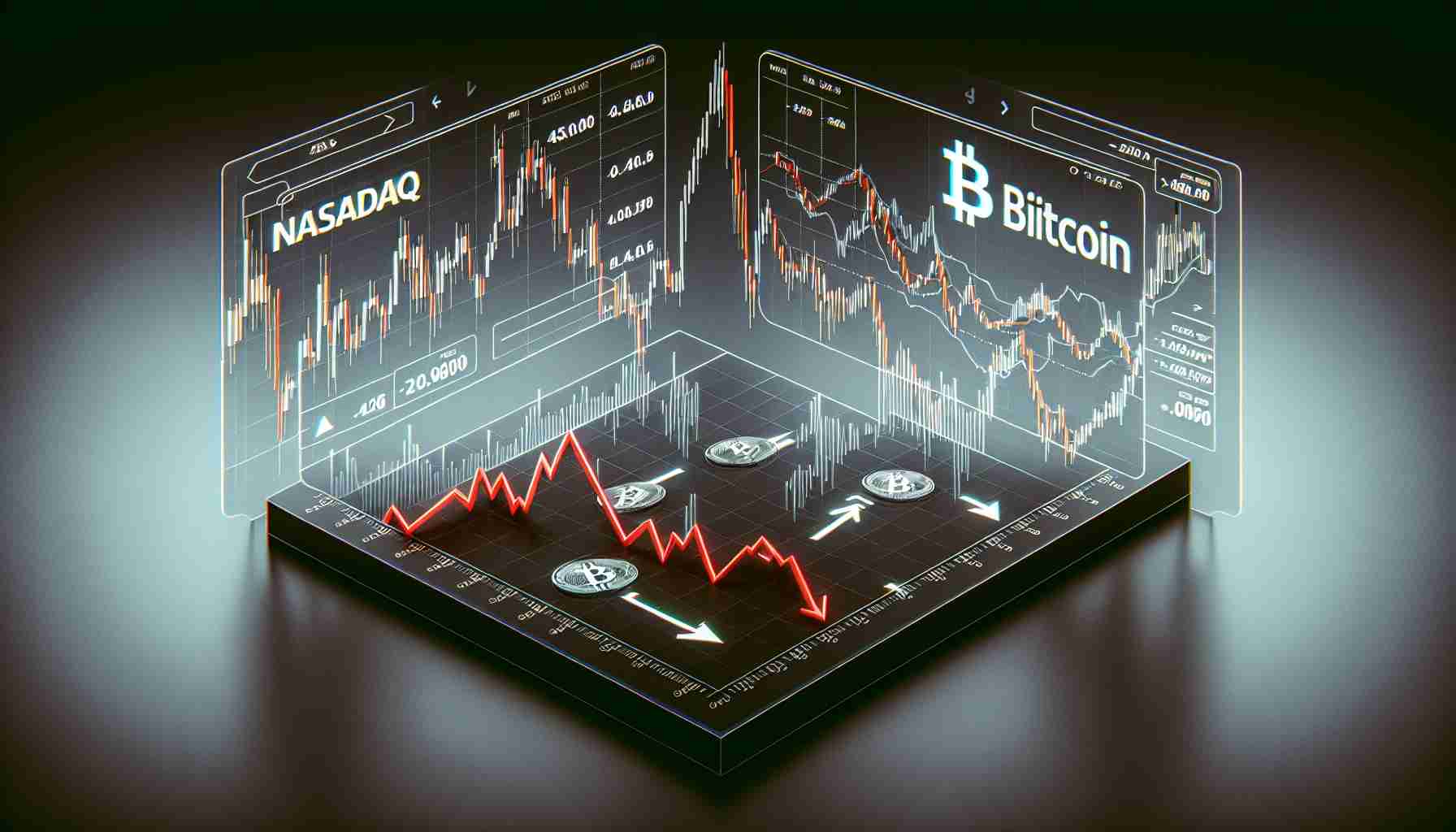 Generate a realistic HD image visualizing the correlation between Nasdaq and Bitcoin, with the interpretation that this correlation is a precursor to a market downturn. The image should include two graphs representing Nasdaq and Bitcoin prices over time, and a third graph overlaying the two, highlighting any synchronicities or patterns. These graphics should be placed on a monochromatic background with a modern look. Additional elements should be added such as downward pointing arrows or red downward trend lines indicating the predicted market downturn.