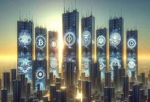 Generate a high-resolution, realistic image that depicts numerous large, towering buildings, each symbolizing a different emerging Layer 1 cryptocurrency. Each building should be adorned with emblems and designs that reflect the technical characteristics and branding of the respective cryptocurrencies. The skyline view should be set against a backdrop of a rising sun, symbolizing the 'emerging' aspect of these Layer 1 giants. The focus should be on the overall visual metaphor, and not any specific, identifiable cryptocurrencies.