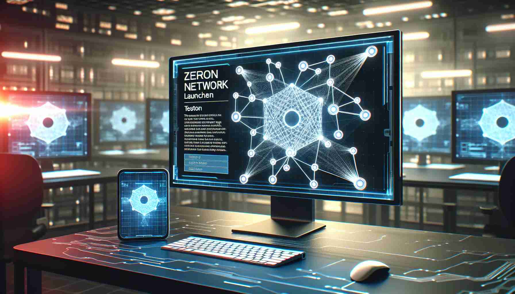 Realistic high definition image illustrating the news of Zerion launching a testnet for its innovative ZERO Network rollup. Include a computer screen showing live testing data, and a stylized representation of the ZERO network, perhaps as a grid of nodes interconnected with glowing lines. Ensure the environment around the screen suggests a high-tech workspace.