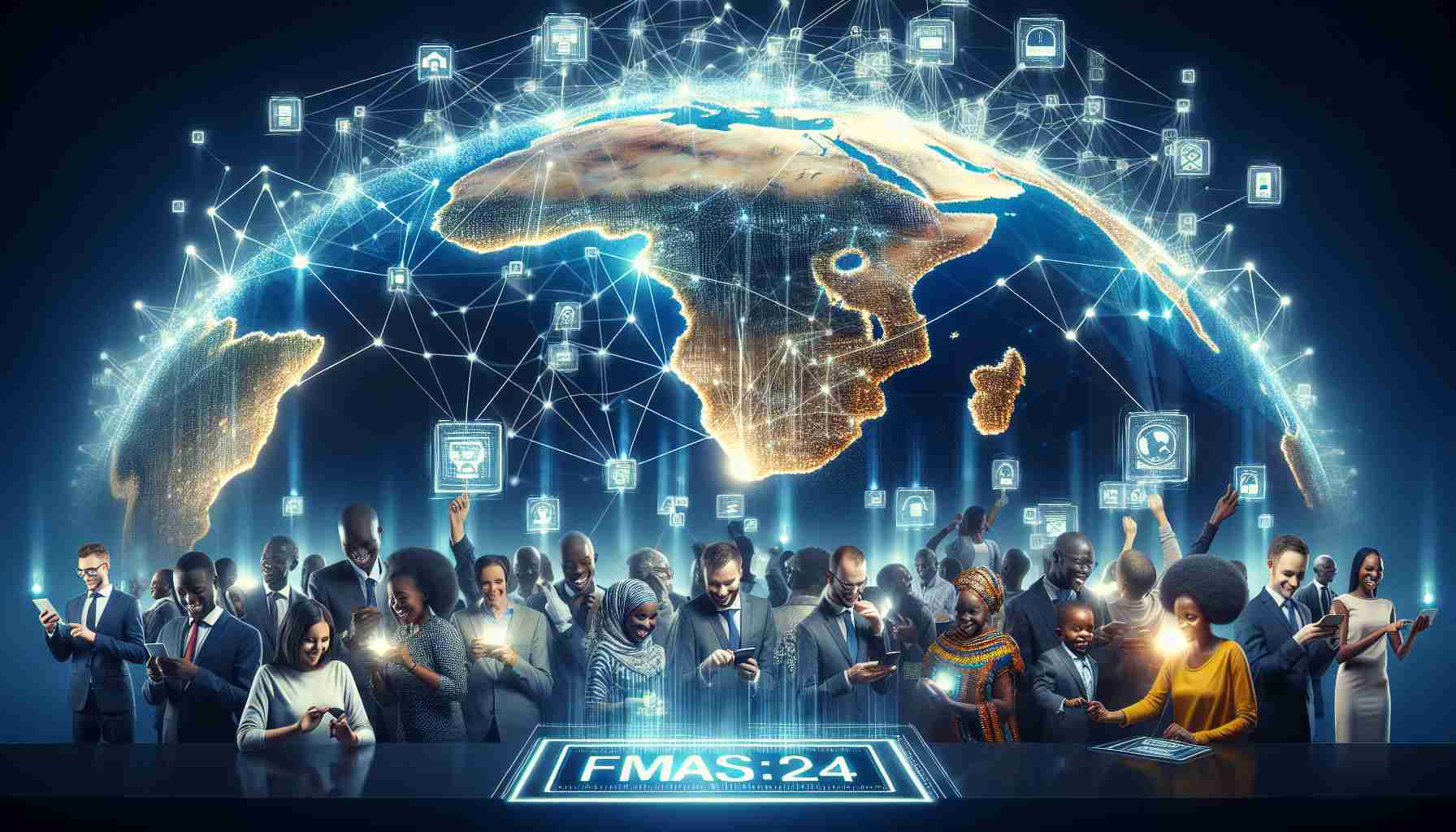 A high-definition image narrating the revolution of digital payments across Africa. Illustrate a giant Ariel map of Africa glowing under a network of interconnected nodes that symbolize the digital payment system. The nodes are beaming signals to each other, demonstrating the interconnectedness of different digital platforms. In another segment of the image, portray interactions between various African people from different descents (Caucasian, Hispanic, Black, Middle-Eastern, South Asian, White) who are happily using their smartphones and tablets to make transactions digitally. Across the bottom of the image, incorporate a digital scrolling LED ticker that displays 'FMAS:24' in a futuristic, bold typeface.