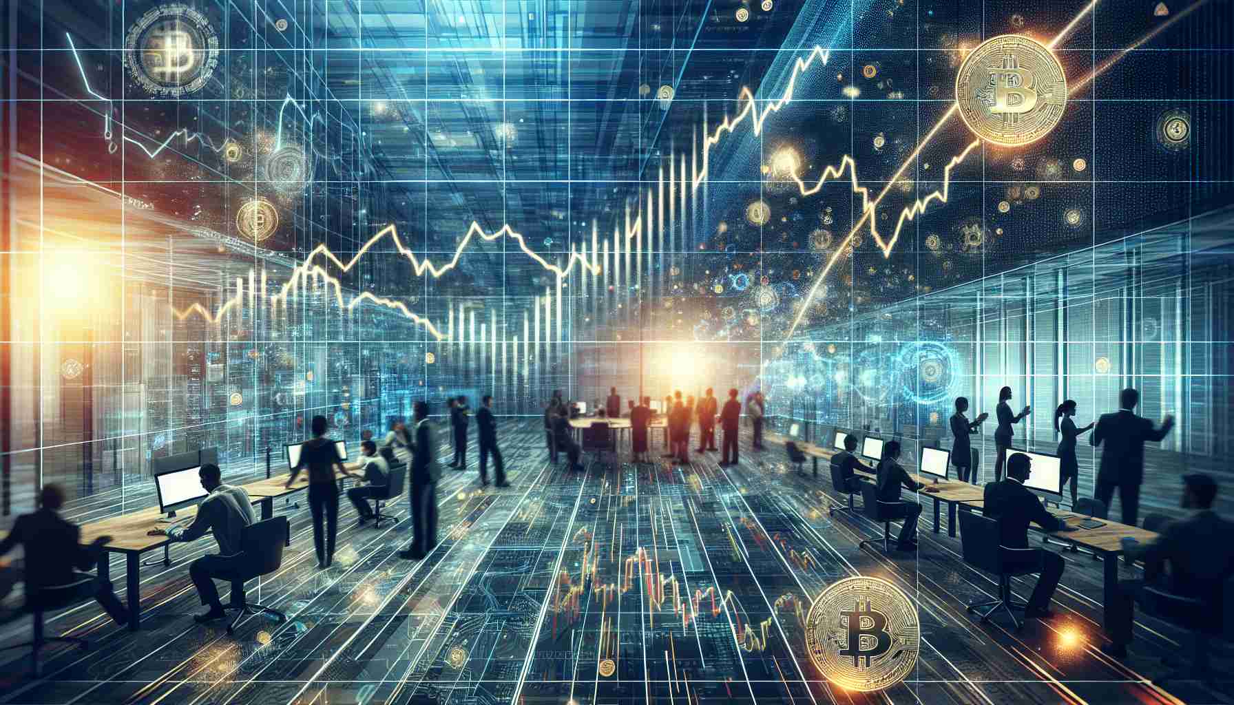 Generate a hyperrealistic image symbolizing the concept of the cryptocurrency market experiencing a downward trend, amidst the continuing advancements and development in the industry. Show a graph with a line indicating falling prices over time, incorporated into a bustling setting, representing the ongoing industry developments. The background could feature people engaging in discussions, computers processing data, and other elements which symbolize innovation and progress in the field of cryptocurrencies, contrasting the fall in market prices.