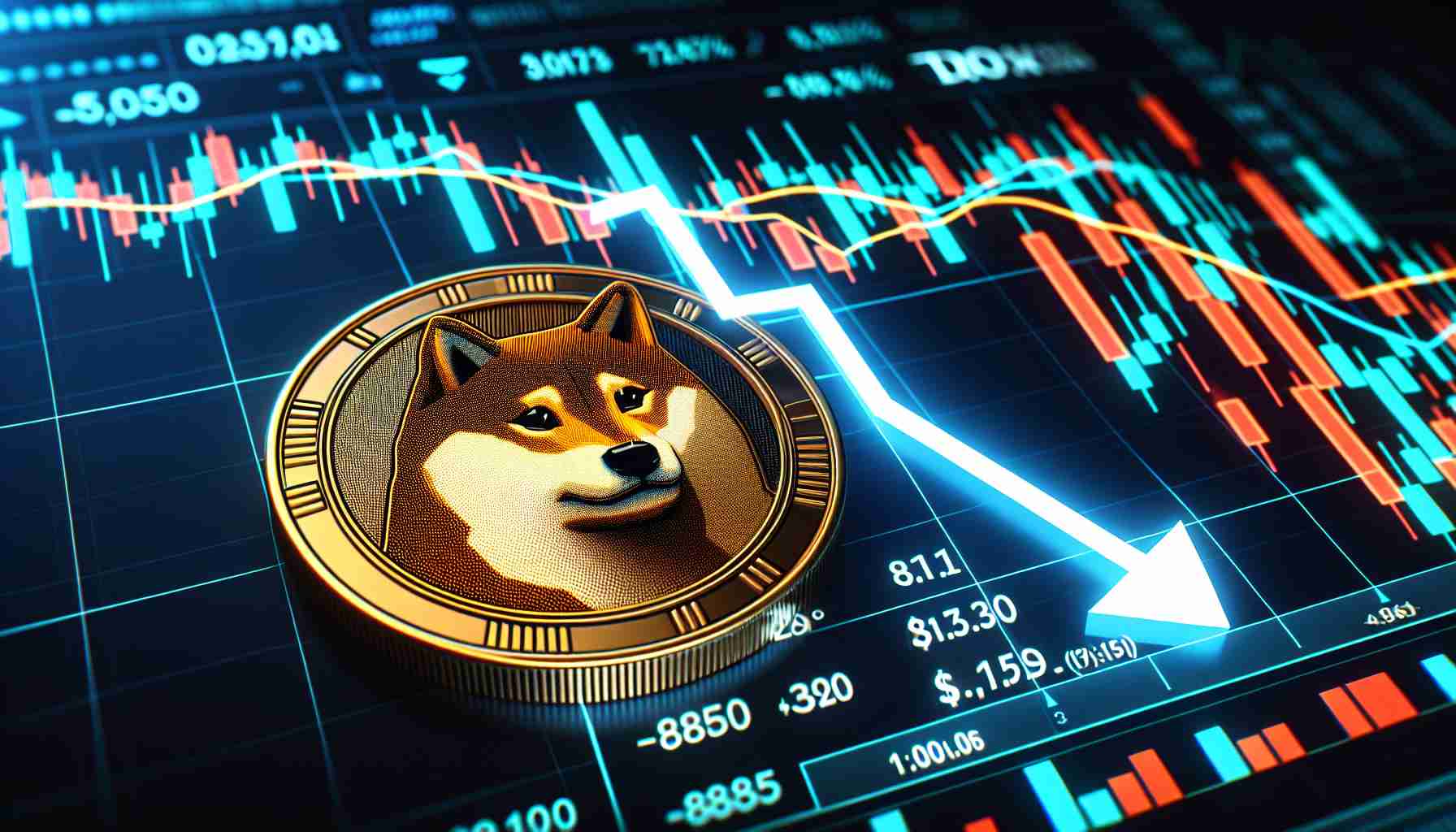 A high-definition image representing the market valuation of the Shiba Inu crypto currency demonstrating a potential downward trend. This should be represented with price trend line graphics going down on a digitally rendered stock market display board.