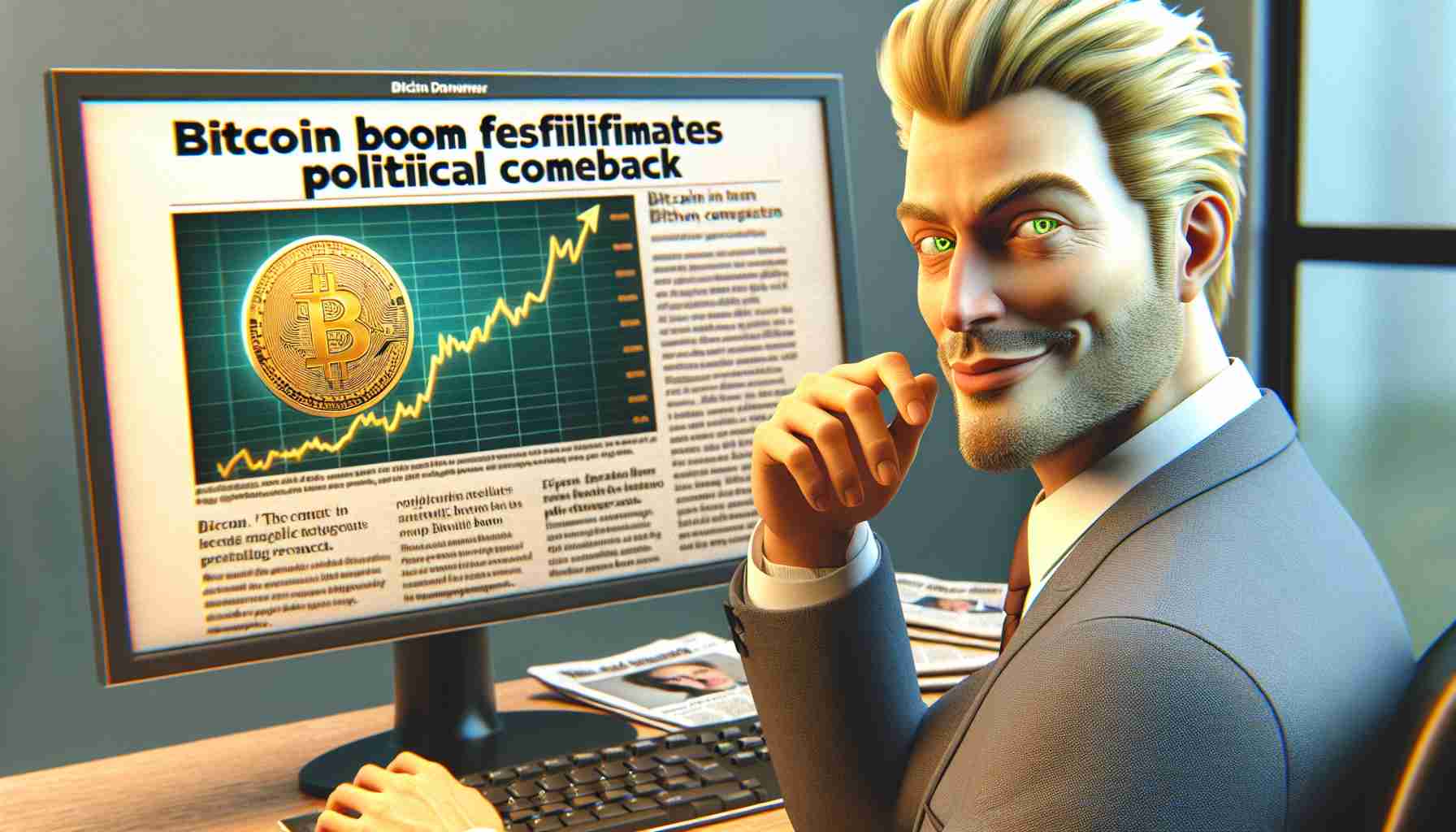 An HD image depicting a middle-aged caucasian man with distinct yellowish hair, dressed in a business suit, sitting by a computer. The screen of the computer shows the Bitcoin graph showing significant growth. The headline of the newspaper article next to him reads 'Bitcoin Boom Facilitates Political Comeback'. His eyes are gleaming at the computer screen and a smirk on his face, suggesting a positive impact of the Bitcoin boom on his career.