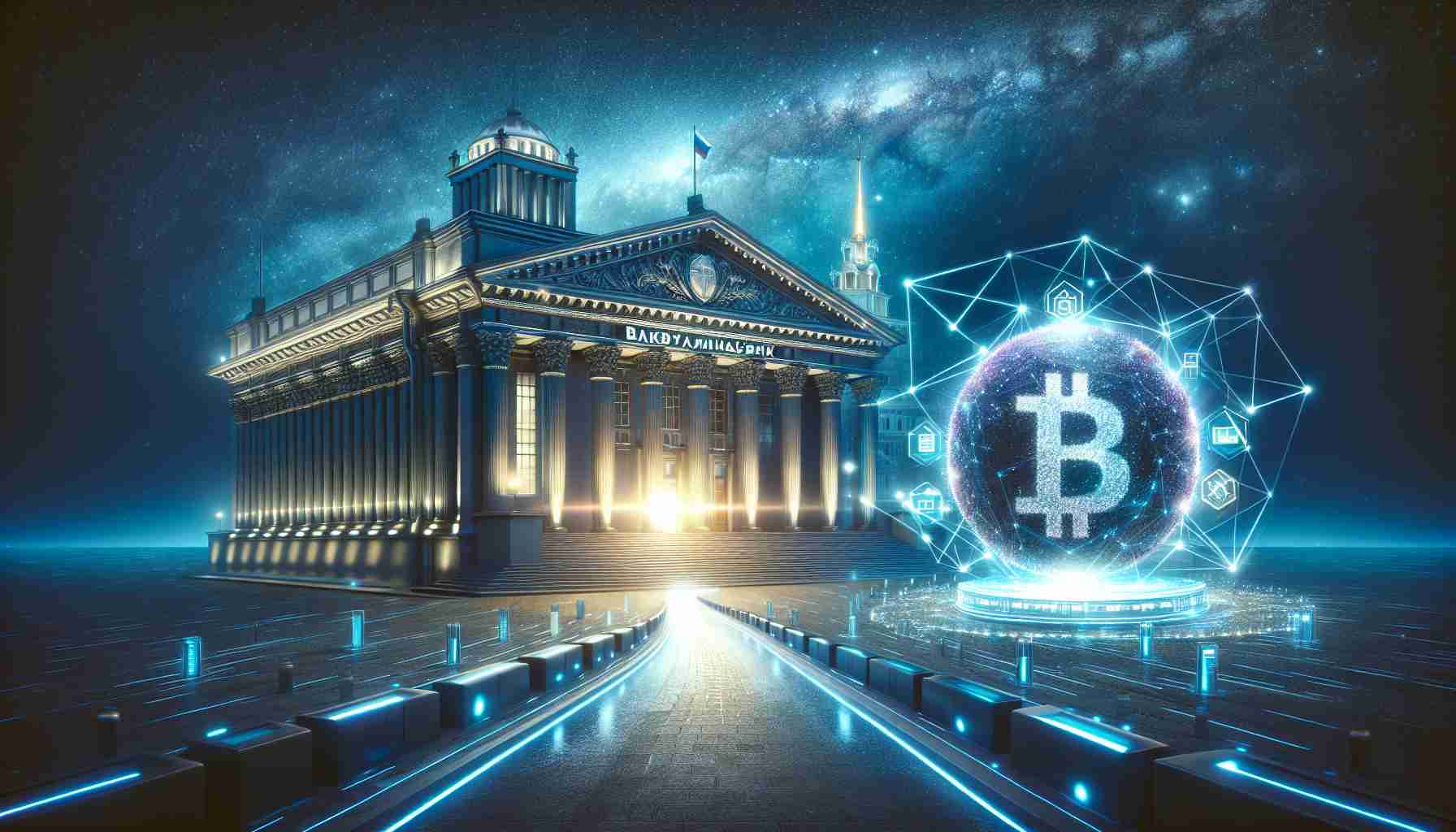 Visualize a conceptually rich scene introducing the notion of a major Russian bank transitioning to a future heavily reliant on blockchain technology. The image could include an imposing, classical styled bank exterior under the grandeur of night’s cosmos, symbolizing the traditional banking methods. Nearby, a bright, radiant path leads towards a hi-tech, digitalized globe hovering, enrobed in the shimmering essence of a blockchain design. This encapsulates the bank's anticipated blockchain-forward journey.