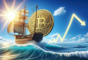 A high-definition, realistic image depicting the concept of Bitcoin skyrocketing in value. This is symbolized by a physical, golden Bitcoin coin with detailed inscriptions, on the helm of a ship which is setting sail amidst calm, blue ocean waves. The sky is clear with the sun shining brightly, symbolizing a promising future. The ship's charted course represents the rising valuation graph, taking the Bitcoin towards uncharted territories. The majestic ship, the clear blue ocean, and the bright sunlight, all represent the positive sentiments of this monumental event in cryptocurrency