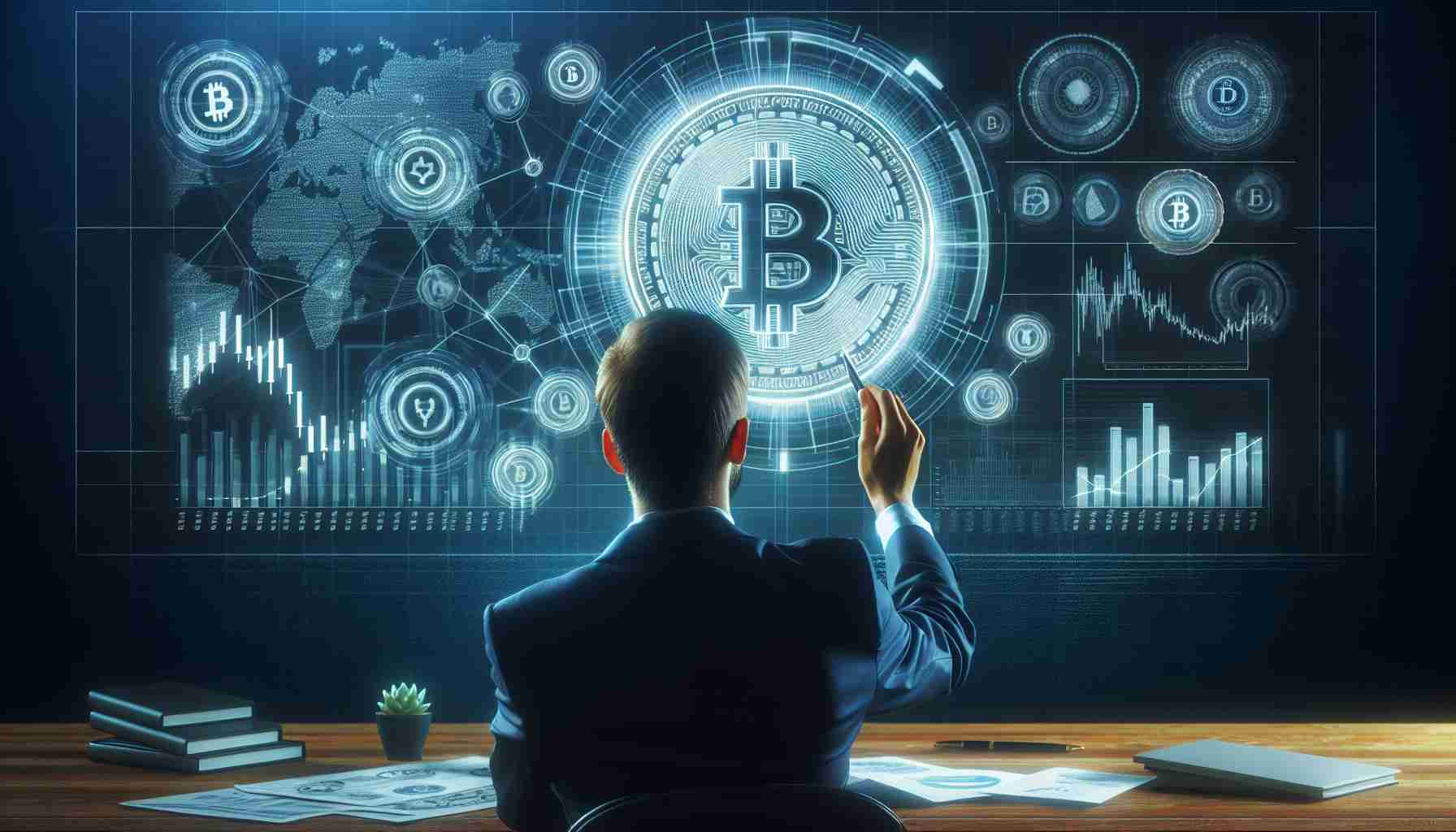 High-definition, realistic image of a cryptocurrency specialist analyzing the influence of the 'Markets in Crypto-Assets' regulation on the landscape of stablecoins.