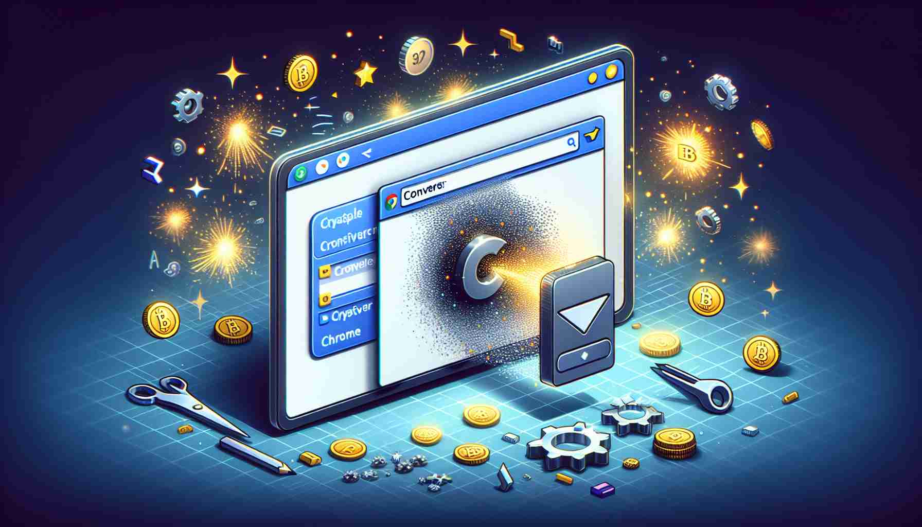 An aesthetically pleasing, high-definition illustration displaying the process of crafting a simple cryptocurrency converter extension for Chrome web browsers. The scene should depict a clear, easy-to-read browser screen with the converter extension visible as an open drop-down at the top right corner. Around the browser, envision sparks of creativity, bits of programming code, and gears in motion to indicate the crafting process taking place, all maintained within a realistic design aesthetic.