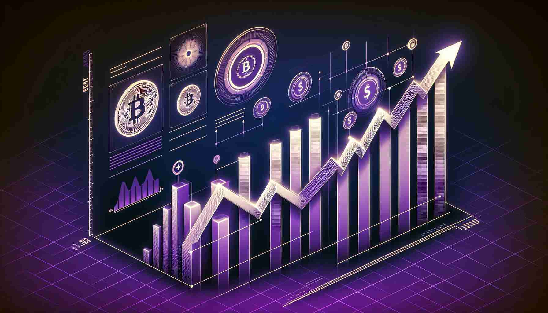 Visual representation of a steady growth in market value of a fictional cryptocurrency, styled as a high-quality, realistic infographic. The chart displays a consistent upward trend, indicating positive performance. Please keep the palette in shades of purple and white, resonating with the theme of potential and reliability.