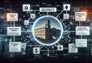 A high-definition, realistic image showing the concept of Quincy, a fictional city represented symbolically, adopting blockchain technology for managing municipal bond issuance. Visual elements include complex cryptographic diagrams & symbols, and representations of municipal bonds. The mood of the image is futuristic and efficient, highlighting the transformative effect of technology on municipal finances.