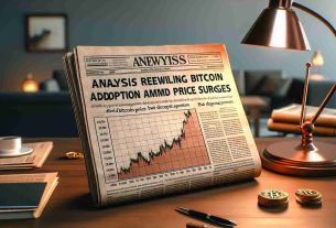 Realistic high-definition image of a newspaper headline reading 'Analysis Reveals Dwindling Bitcoin Adoption Amid Price Surges', accompanied by a graph showing the correlation between Bitcoin prices and its adoption rate over time. The graph should show high levels of Bitcoin price but decreasing adoption. The background should be a neutral blurred scene of a typical study room with a desk, lamp and coffee mug for a warm inviting atmosphere.