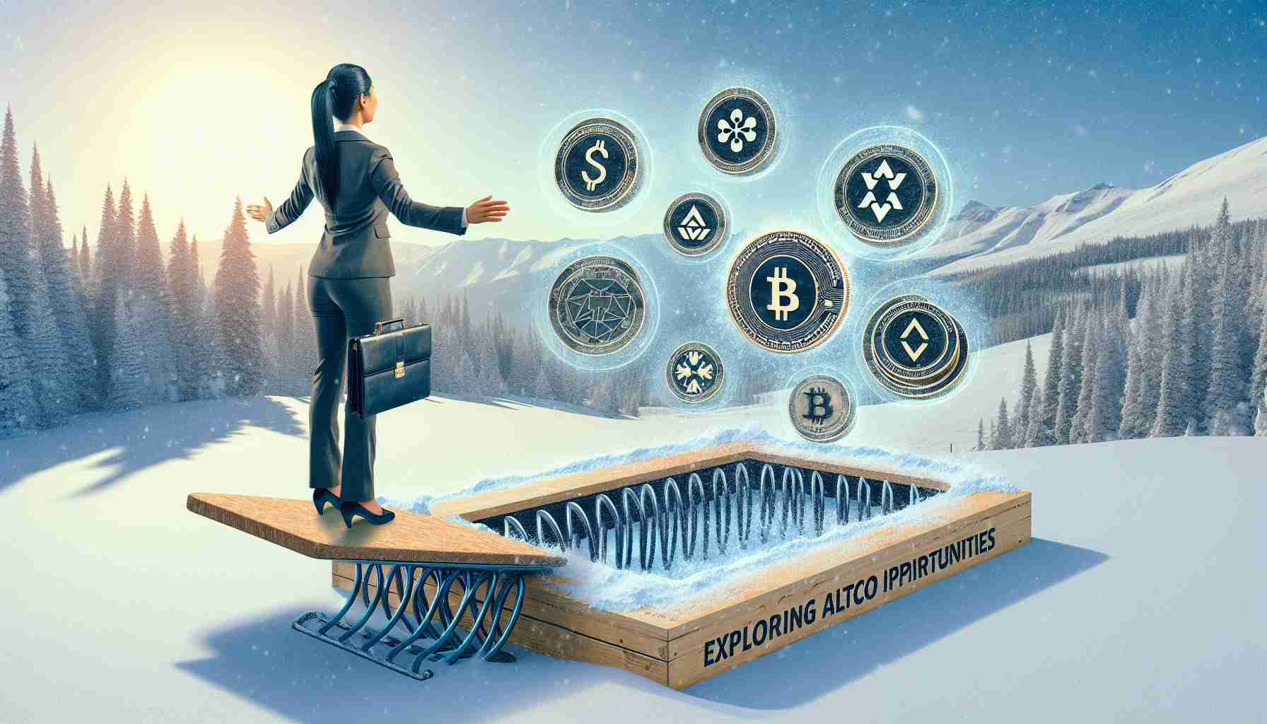 Generate an image showcasing the concept of exploring altcoin opportunities during a crypto winter. This financial metaphor should be represented by a businesswoman of South Asian descent standing on a springboard in the midst of a snow-covered landscape, symbolizing the 'crypto winter'. The springboard should be covered with various alternative cryptocurrency symbols, signifying 'altcoin springboards'. The image has to be of realistic high-definition quality.