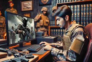 Realistic high-definition image of an individual in Iranian military uniform, indicating that a video game may have an impact on the election scenario. The scene unfolds in a room filled with military memorabilia, where the individual, an Asian male, is intently studying a computer screen displaying a popular video game. The atmosphere of the room is serious, illuminating the potential influence of contemporary digital media on major societal events.