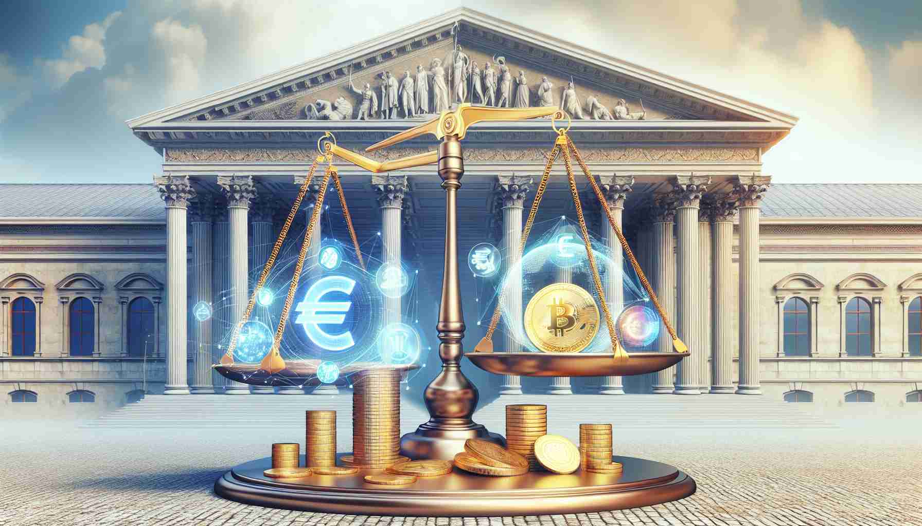 Generate a realistic HD photo presenting a symbolic representation of the EU escalating economic actions through the use of cryptocurrency sanctions. Depict a large, ornate scale with traditional European architectures in the background. On one side of the scale, place a stack of gold coins with the symbol of the Euro, and on the other, a holographic representation of various cryptocurrencies. Please ensure it effectively communicates the concept of economic regulatory measures.