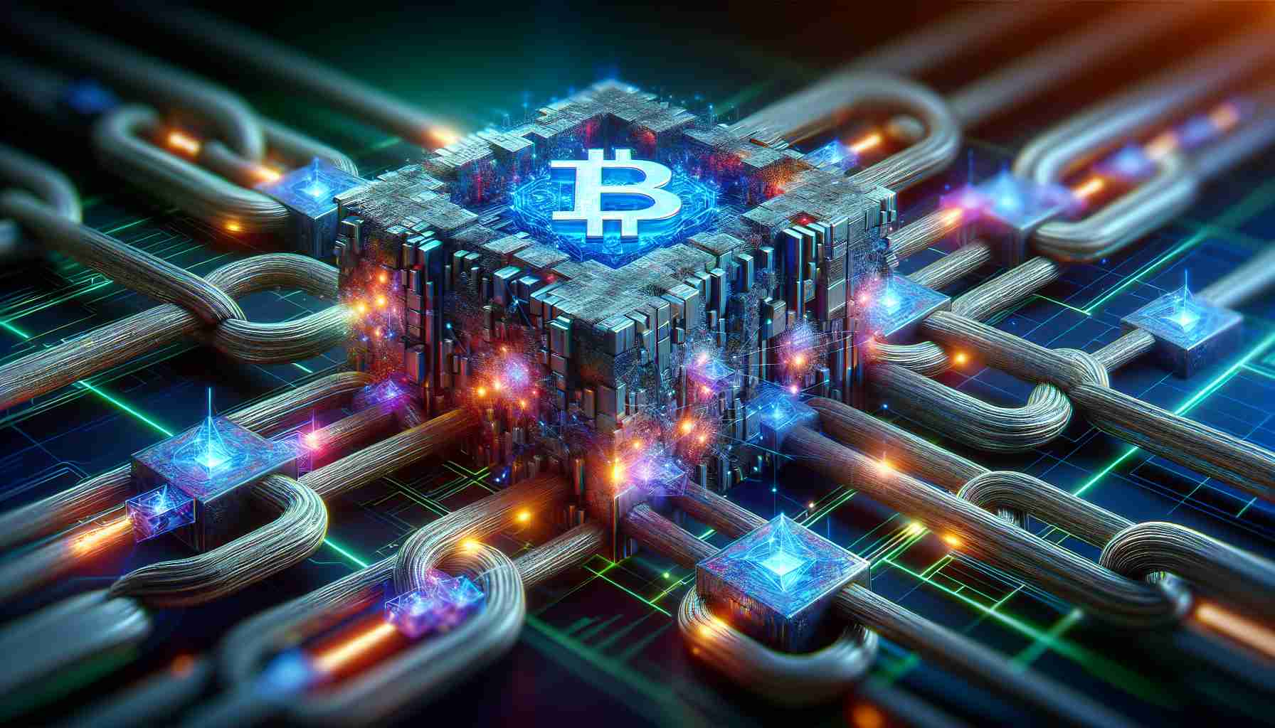 A detailed and realistic image showcasing the concept of blockchain technology and NFT integration, taking it to new heights. The picture should depict a symbolic representation of a massive ledger network, entwined with chains, in a futuristic digital environment, as an emblem of blockchain innovation. An element of NFT could be represented as artwork tokens, with diverse shapes and glowing colors, integrated within the blockchain model. The image should symbolize the constant evolution, development, and integration of new methods and technology within blockchain platforms, capturing the essence of revolutionizing the modern digital world.