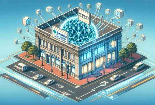 Create an illustrative high-definition image of a hypothetical event where 'Summerland Credit Union' participates in a revolutionary Blockchain program run by a tech company named 'Metallicus'. Show the exterior of Summerland Credit Union's building with a large banner announcing their partnership with Metallicus. Depict what a blockchain network might look like, using typical imagery such as a series of interconnected blocks or nodes spreading from the building, symbolizing integration into the blockchain network.