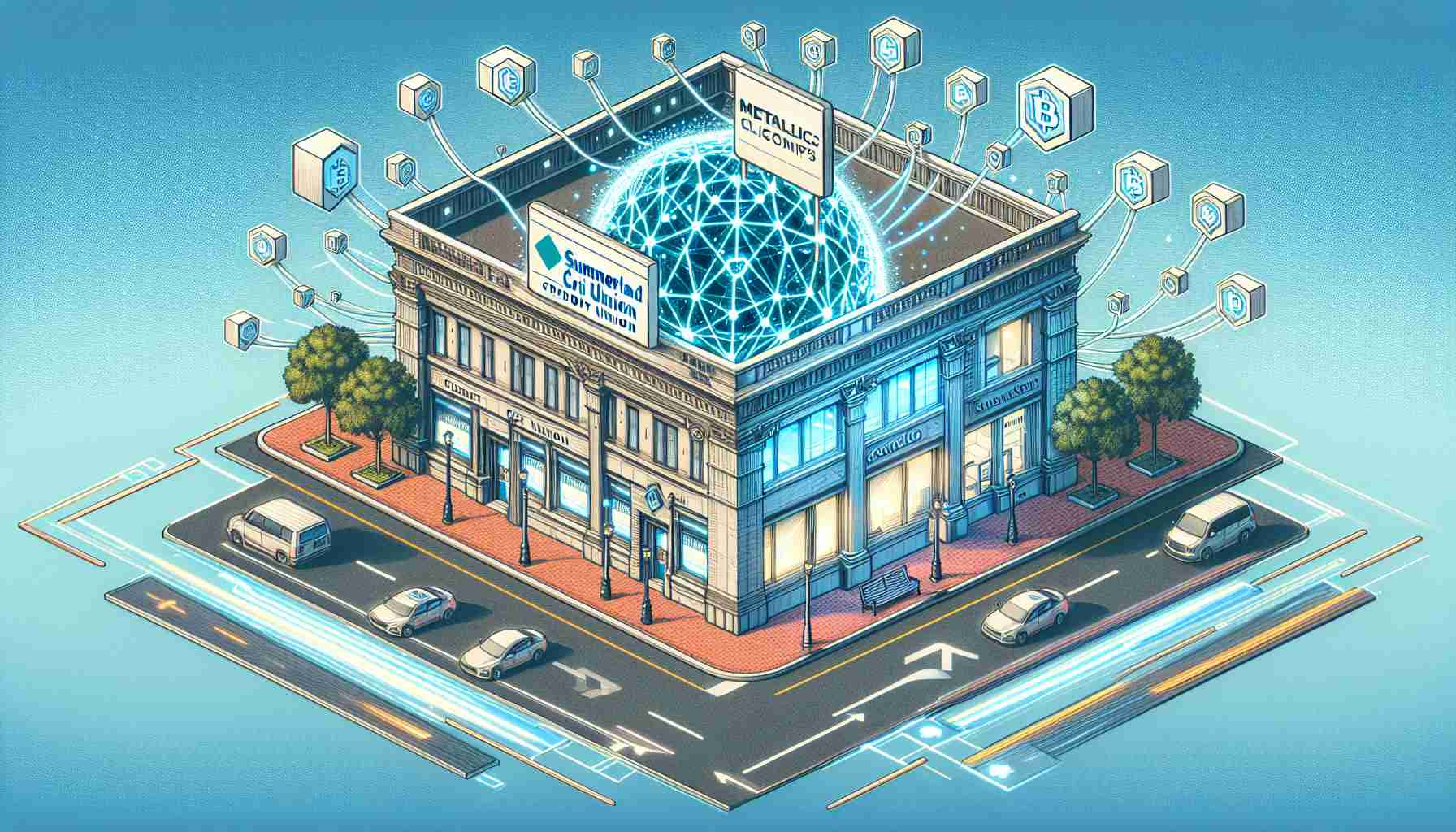 Create an illustrative high-definition image of a hypothetical event where 'Summerland Credit Union' participates in a revolutionary Blockchain program run by a tech company named 'Metallicus'. Show the exterior of Summerland Credit Union's building with a large banner announcing their partnership with Metallicus. Depict what a blockchain network might look like, using typical imagery such as a series of interconnected blocks or nodes spreading from the building, symbolizing integration into the blockchain network.