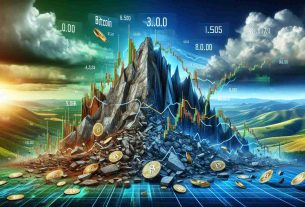 A high-definition, realistic depiction of the shift in cryptocurrency markets, symbolized by a large, rocky mountain representing Bitcoin crumbling and faltering. Surrounding this mountain, smaller but rapidly growing hills symbolize emerging cryptocurrencies. The background features a sky transitioning from stormy weather to clear, signifying the market's volatility and uncertainty. The dominant colors are those associated with finance and technology: blues, greens, and metallic hues. Informational panels, representing stock market tickers, display decreasing values for Bitcoin and increasing values for other cryptocurrencies.