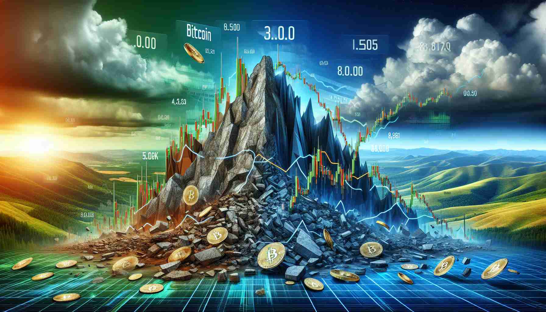 A high-definition, realistic depiction of the shift in cryptocurrency markets, symbolized by a large, rocky mountain representing Bitcoin crumbling and faltering. Surrounding this mountain, smaller but rapidly growing hills symbolize emerging cryptocurrencies. The background features a sky transitioning from stormy weather to clear, signifying the market's volatility and uncertainty. The dominant colors are those associated with finance and technology: blues, greens, and metallic hues. Informational panels, representing stock market tickers, display decreasing values for Bitcoin and increasing values for other cryptocurrencies.