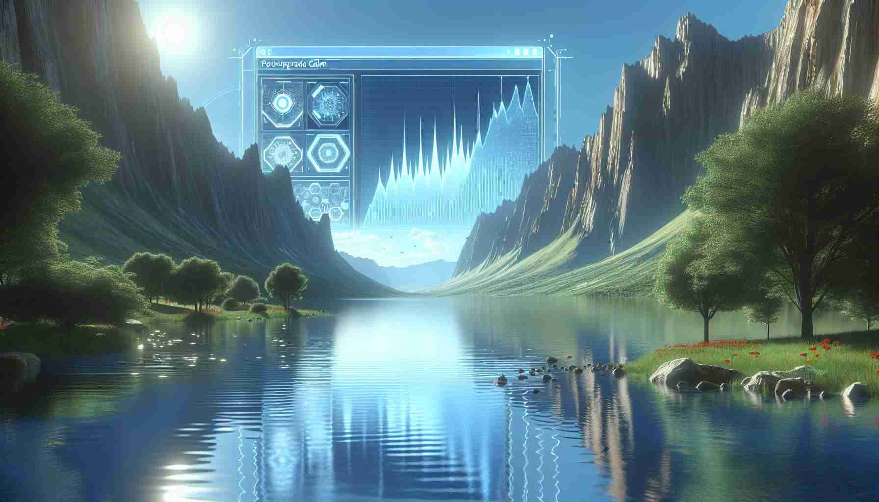 High definition digital image of a peaceful landscape, symbolizing the stabilized performance of Solana. There's a tranquil lake with crystal clear water reflecting the blue sky above. The horizon is lined with towering, sturdy mountains, encapsulating the concept of 'post-upgrade calm'. To one side, a digital screen displaying complex graphs and charts hovers above the water, representing Solana's performance statistics. Not a single ripple disturbs the serene lake, suggesting the calming effects after a system upgrade.